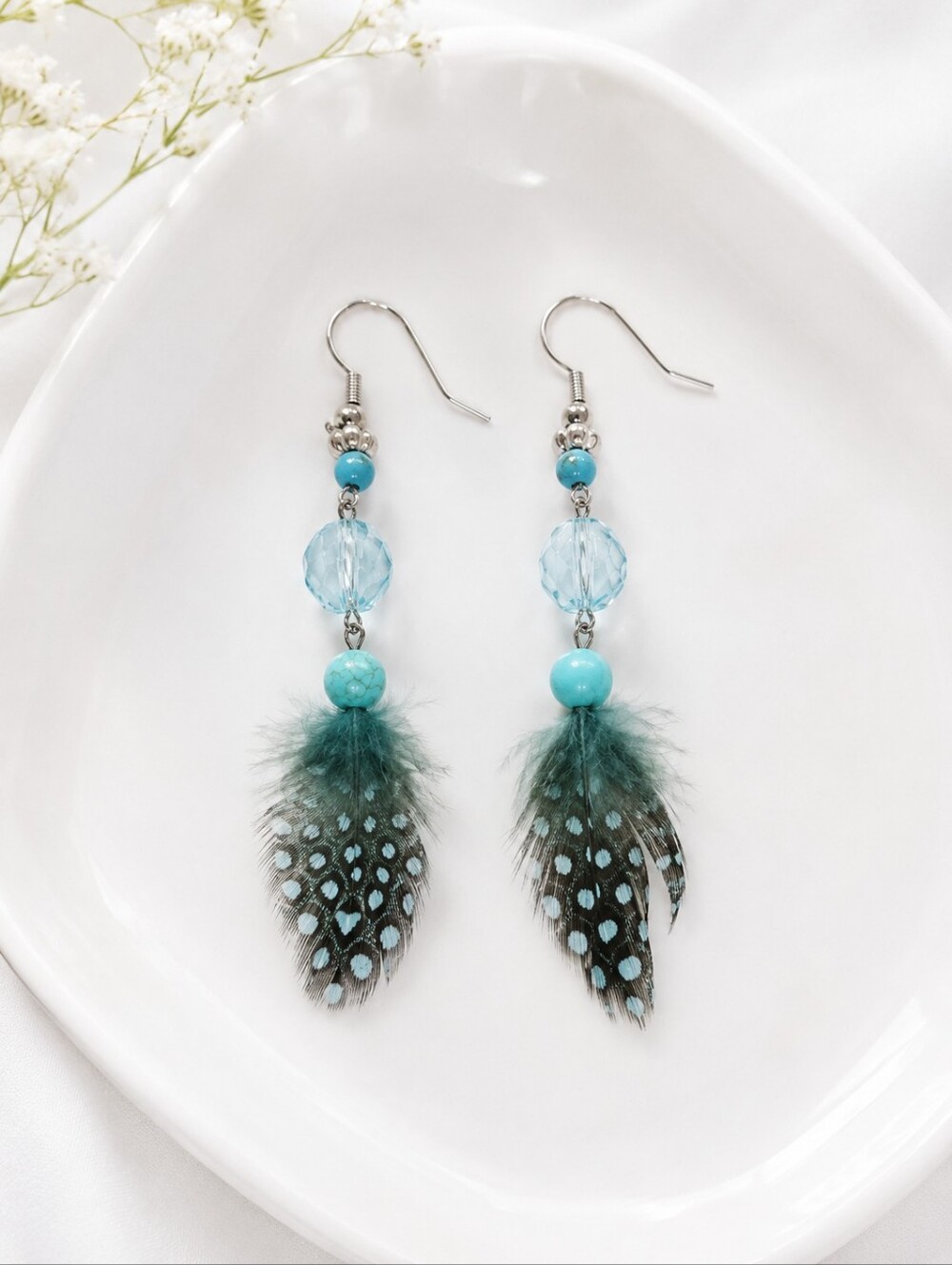 2 for $18 Turquoise Feather Drop Earrings Beaded Indigenous Boho